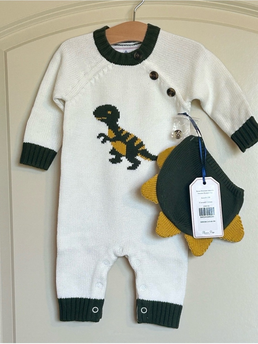 NWT O-3M Classic Prep White Knit Romper with Dino Motif